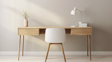 A simple home office setup with a light wooden desk and a single white chair. No items or decor, with a neutral-colored wall in the background