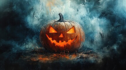 A scary Halloween pumpkin in a misty dark watercolor background, ample copy space above.