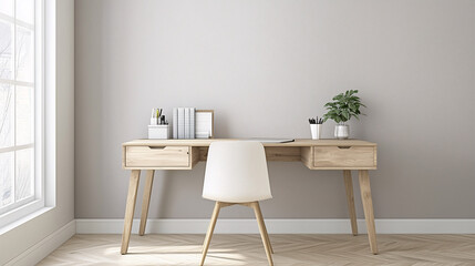 A simple home office setup with a light wooden desk and a single white chair. No items or decor, with a neutral-colored wall in the background