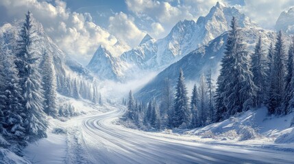 Fototapeta premium A winding snow-covered road leading through majestic mountains in winter with cloudy skies and evergreen trees in the background