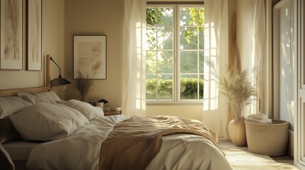 Cozy bedroom bathed in natural light with a serene view of greenery through large windows in the morning
