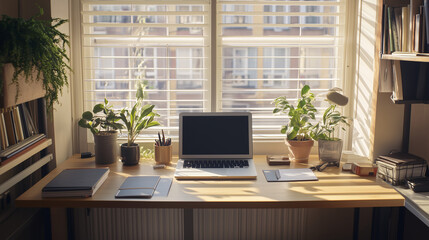 A simple, modern home office with a floating desk and a few essential items--laptop, notebook, and pen. The room is filled with natural light, creating a calm, productive atmosphere