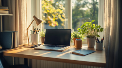 Fototapeta premium A simple, modern home office with a floating desk and a few essential items--laptop, notebook, and pen. The room is filled with natural light, creating a calm, productive atmosphere