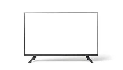 A modern  flat-screen television mockup with a sleek black frame and stand, placed on a plain white background