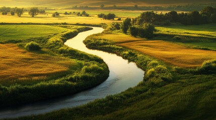 Obraz premium A winding river flows through lush green fields under a warm sunset sky in a serene countryside landscape