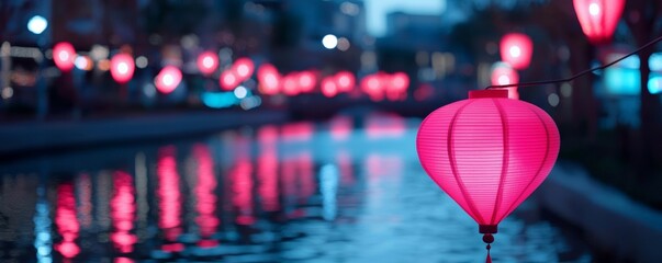 Colorful pink lanterns illuminating a serene canal at dusk, creating a tranquil and enchanting ambiance.