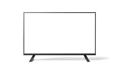 A modern  flat-screen television mockup with a sleek black frame and stand, placed on a plain white background