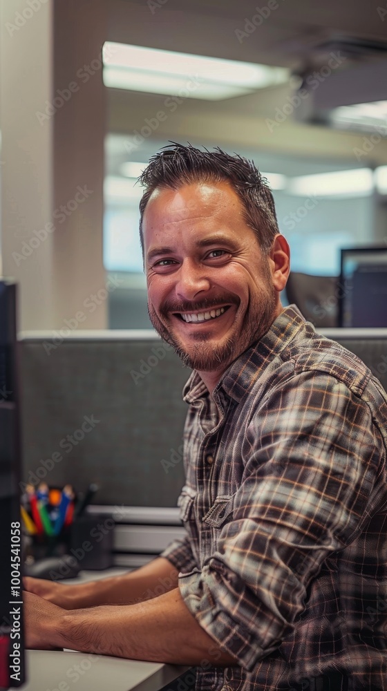 Poster A man is smiling and sitting at a desk with a computer