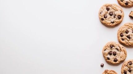 Freshly baked pumpkin chocolate chip cookies are beautifully arranged on a white surface, surrounded by chocolate chips, creating a warm and inviting autumn vibe