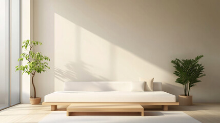 A sleek, minimalist living room with a low white sofa, a light wooden coffee table, and a single green plant on the side. Natural light enhances the airy feel