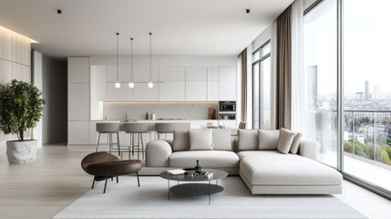 Fototapeta premium Modern minimalist living room with open kitchen featuring large windows and city views during daylight