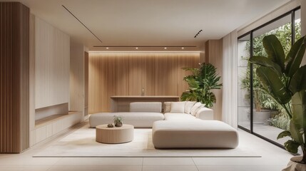 Fototapeta premium Modern minimalist living room design featuring natural materials and indoor plants in bright daylight