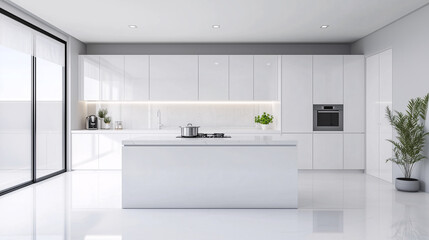 A sleek, modern kitchen with all-white cabinets, countertops, and backsplash. Minimalistic design with no visible appliances, emphasizing clean lines and a pristine look