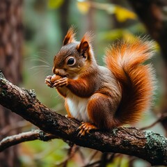 A squirrel sitting on a tree branch eating a nut