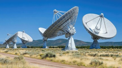 A row of satellite dishes against a clear blue sky.