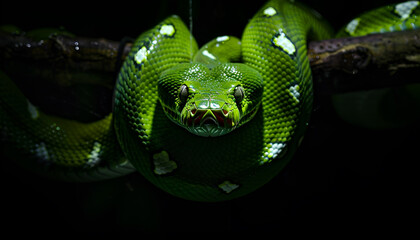 Fototapeta premium magnificent poisonous green snake with its open, treacherous mouth hanging from a branch in the dark