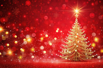 A golden Christmas tree with shimmering lights and ornaments shines against a vivid red backdrop, creating a festive vibe