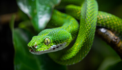 Fototapeta premium magnificent poisonous green snake with its open, treacherous mouth hanging from a branch in the dark