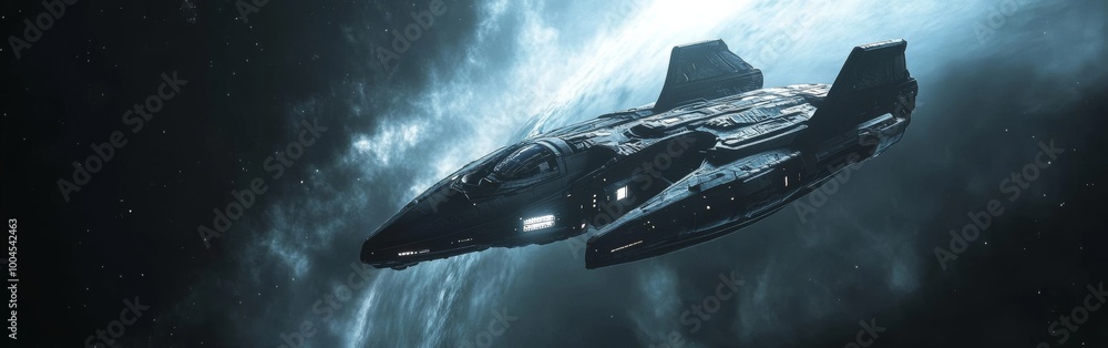 Poster Futuristic spaceship navigating through cosmic clouds in deep space, illuminated by distant stars and nebulae at twilight