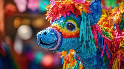 Colorful pinata adorned with vibrant papel picado decorations in a festive market during a sunny afternoon celebration