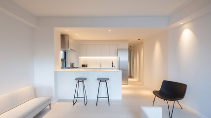 Fototapeta premium A sleek studio apartment with a minimalist kitchen island, two bar stools, and a small living area. White walls and light flooring keep the space bright and open