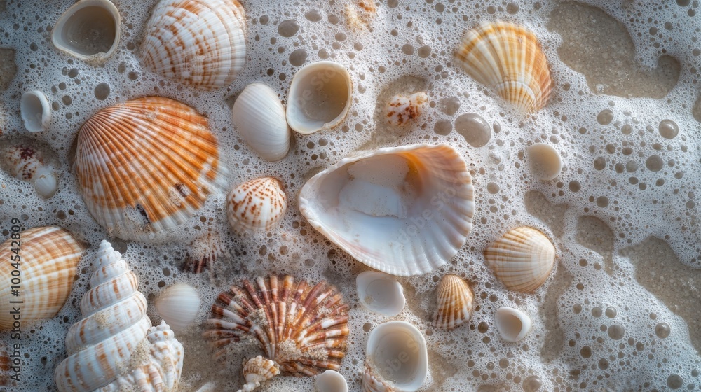 Poster a collection of various seashells nestled in foam on a sandy beach during low tide in the early morn