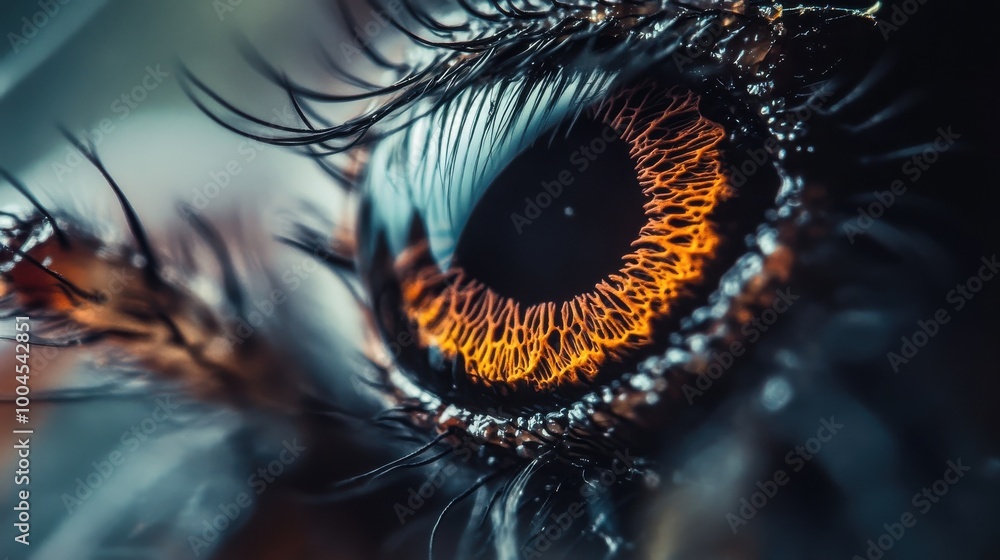 Poster detailed close-up of a mesmerizing eye displaying vibrant orange and black patterns, showcasing intr