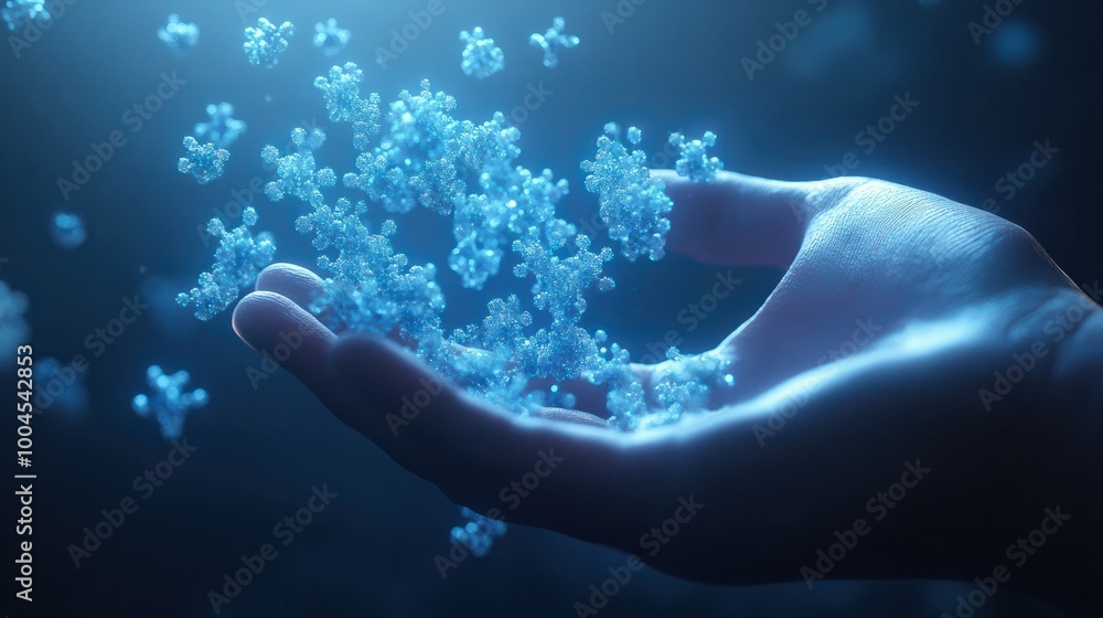 Poster a 3d rendering of molecules abstraction hovering over a man's palm in blue light