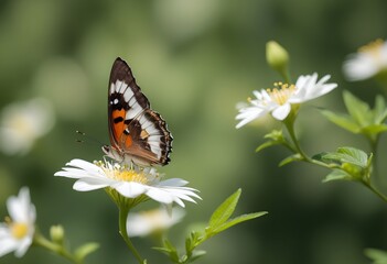 Obraz premium A butterfly pollinating a white flower against a blurred green background