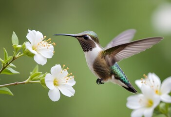 Naklejka premium A hummingbird pollinating a white flower against a blurred green background