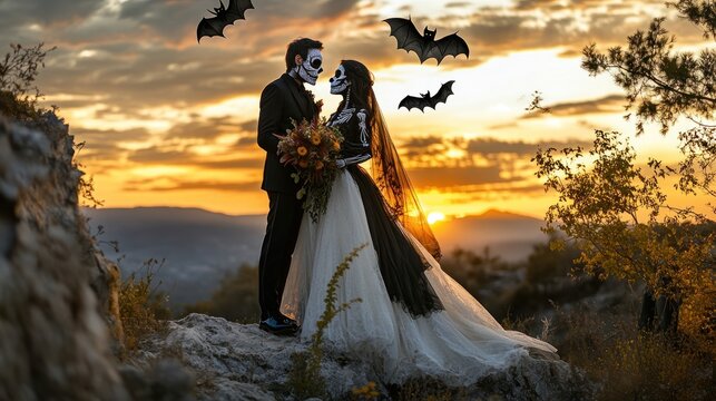 A couple in black wedding attire with skeleton face paint, standing at the edge of a cliff during sunset, with bats flying overhead. The scene combines beauty with eerie elements.