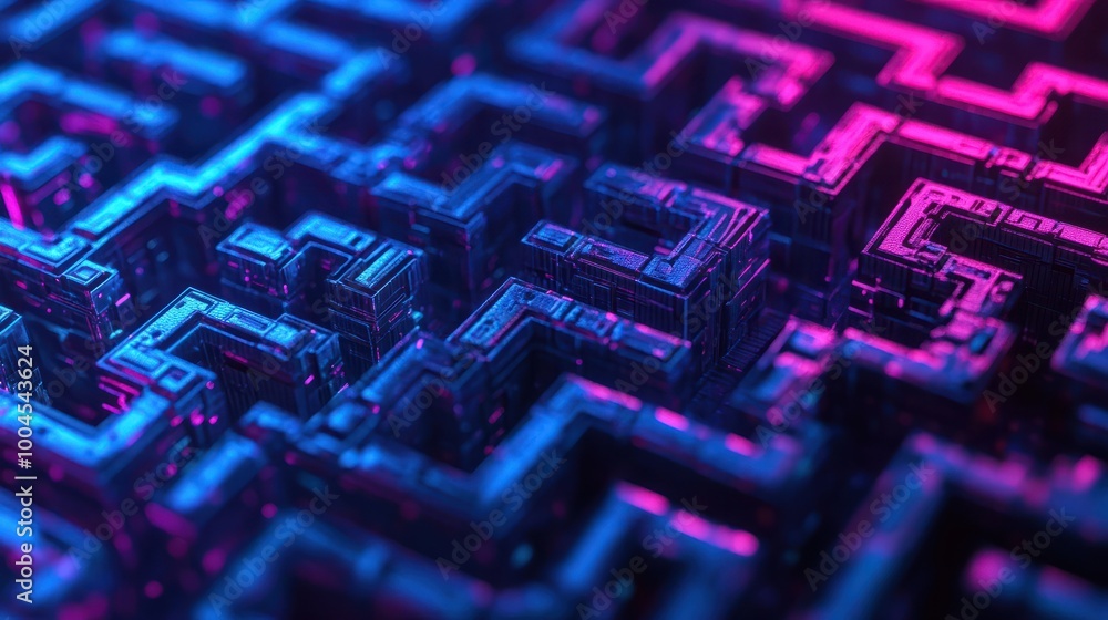Poster a detailed close-up of a blue and purple maze showcasing the complex network of paths and the diffic