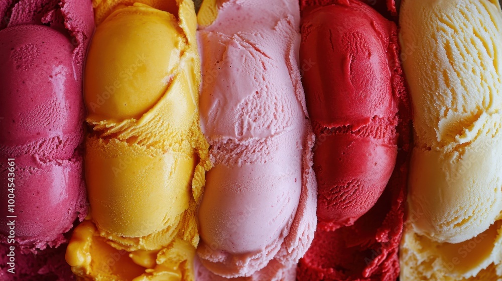 Poster colorful scoops of ice cream arranged in a row featuring various flavors with vibrant hues on a summ
