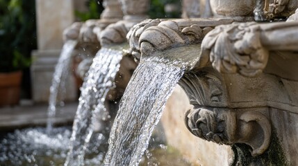 A close view of a classic outdoor fountain with water flowing over ornate stone carvings in a serene garden during daylight