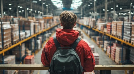 Obraz premium warehouse supervisor overseeing operations on a mezzanine level, looking out over the bustling activities below, emphasizing management and coordination