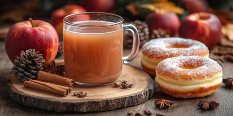 A mug of apple juice and doughnuts on an autumn table with apples, cinnamon sticks, leaves, and other fall elements in the background.