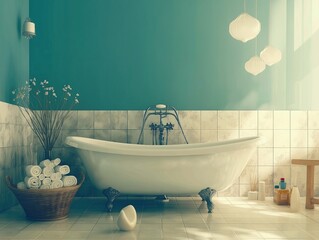 Naklejka premium Bathroom with private empty hot bath blue