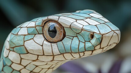 Close-up of a detailed wooden snake carving, intricately painted in various shades of green against a blurred blue background
