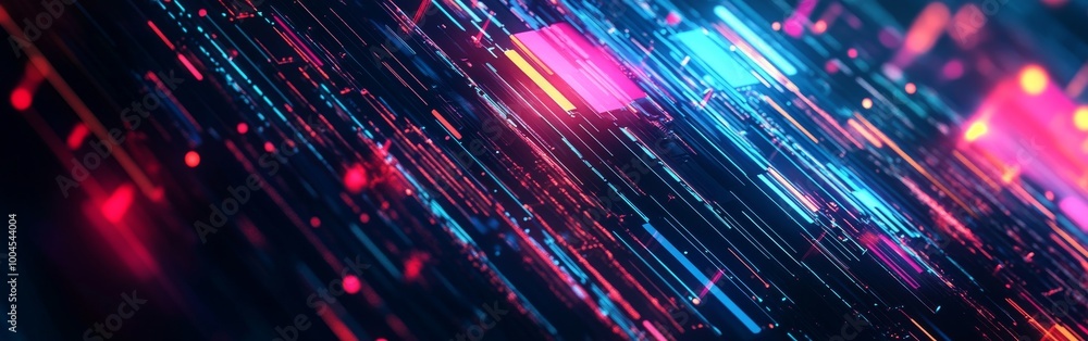 Poster vibrant abstract digital artwork showcasing luminous lines and vibrant colors in a futuristic design