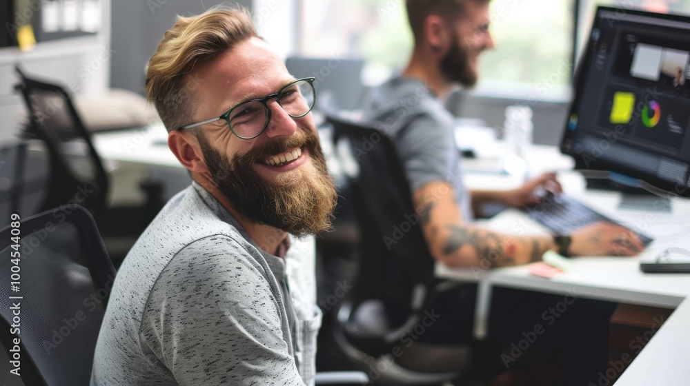 Aufkleber a man with a beard and glasses is smiling at the camera