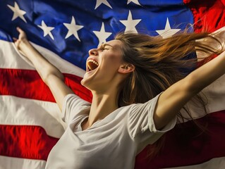 Naklejka premium Screaming young woman with hands up