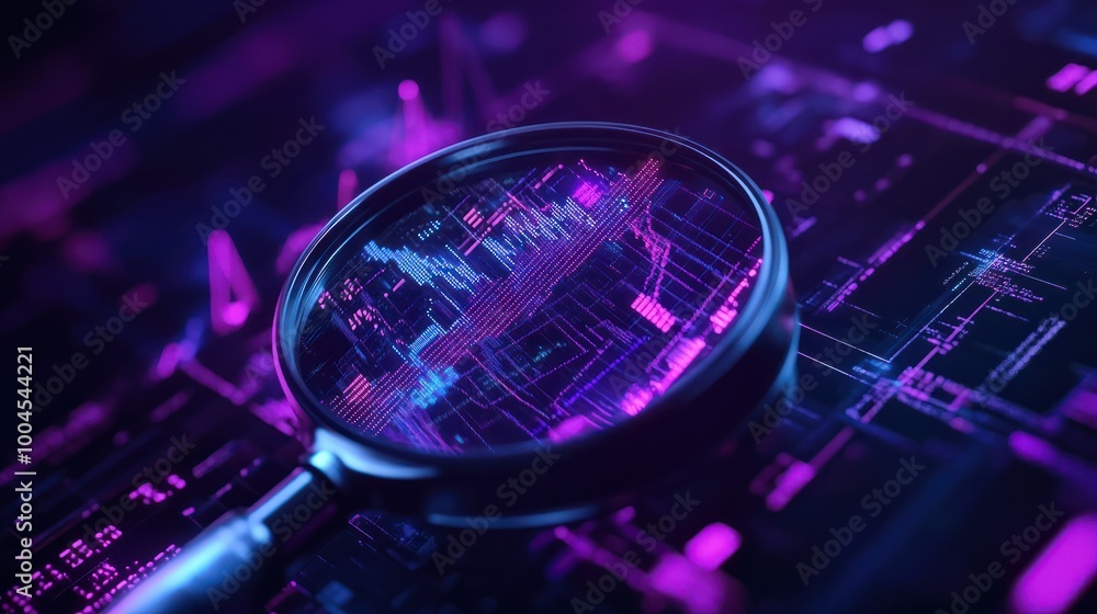 Poster a magnifying glass over digital data with glowing lines and charts, representing the world of artifi