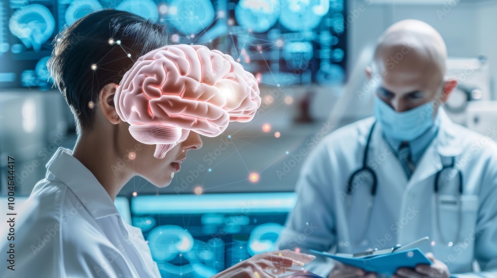 Poster a woman is looking at a computer screen with a brain on it