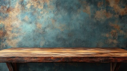 Rustic wooden table against textured blue wall