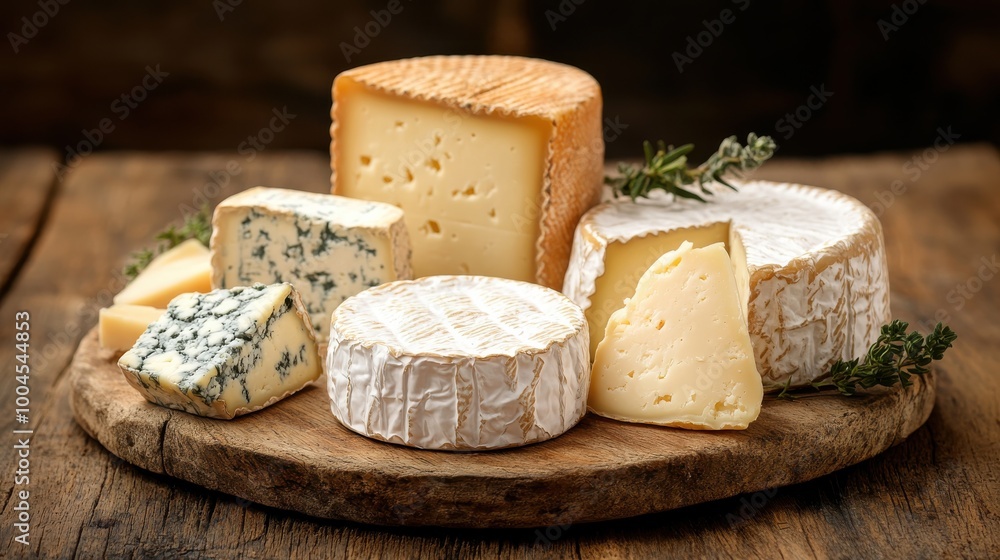 Poster a rustic cheese platter featuring various types of cheese on a wooden board with herbs in a cozy set