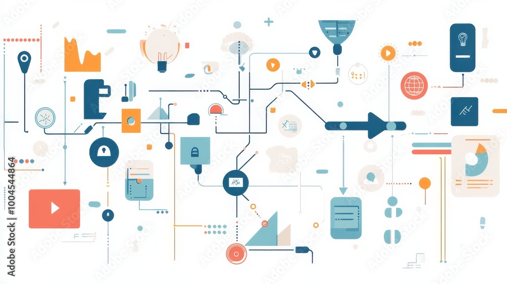 Poster abstract illustration of digital connections, data flow, and technology elements on a white backgrou