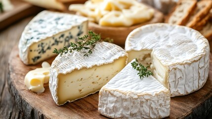 Artisan cheese assortment on a rustic wooden board with herbs and crackers in a cozy kitchen setting