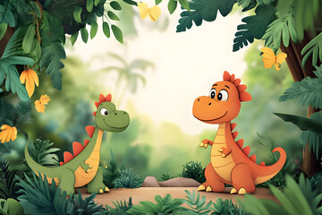 Cute cartoon dinosaur frame border on background.