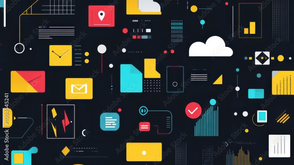 Poster Colorful abstract digital graphics featuring various shapes, charts, and icons on a dark background for modern design applications