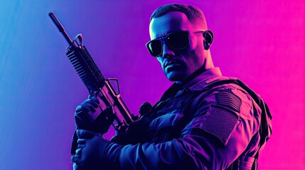 A soldier in a black tactical uniform with a rifle poses in front of a blue and pink gradient background, looking directly at the camera.